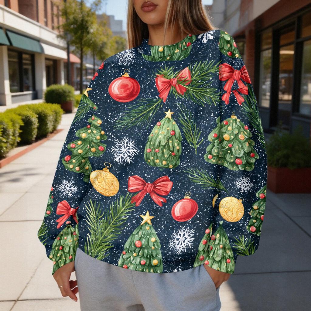 Damen Trendy Weihnachtsdruck Rundhals-Sweatshirt Leichtes Lässiges Pullover-Oberteil