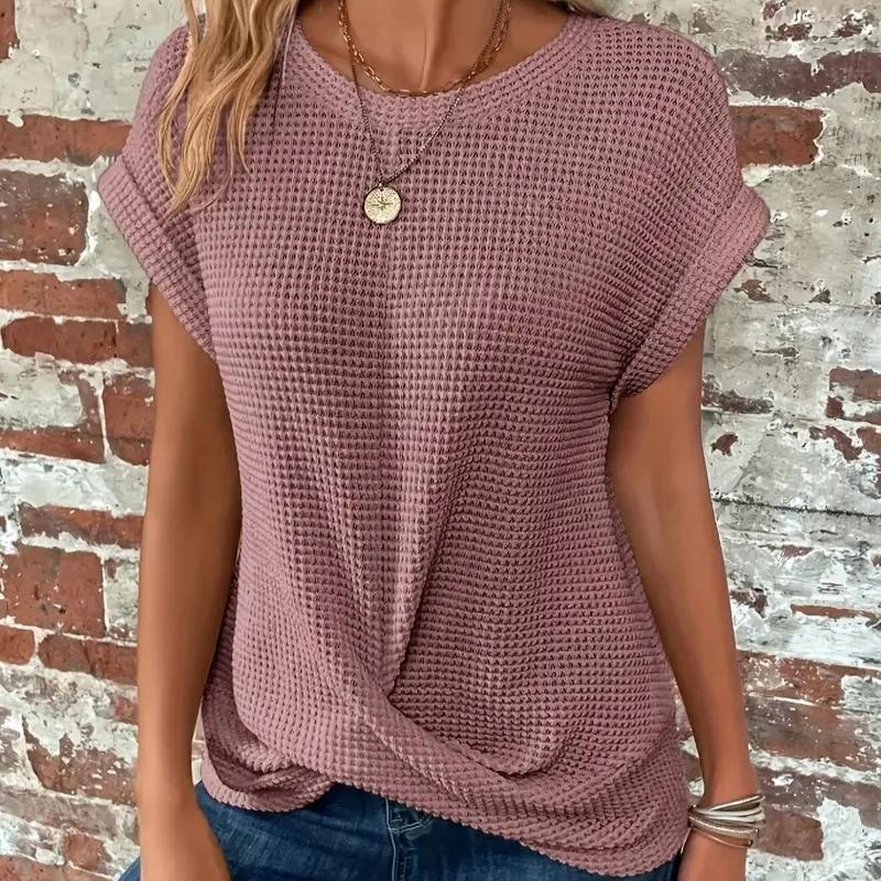Cross-border Solid Color Round-collar T-shirt Elegant Short-sleeved Twisted Top Spring and Summer Women's Wear