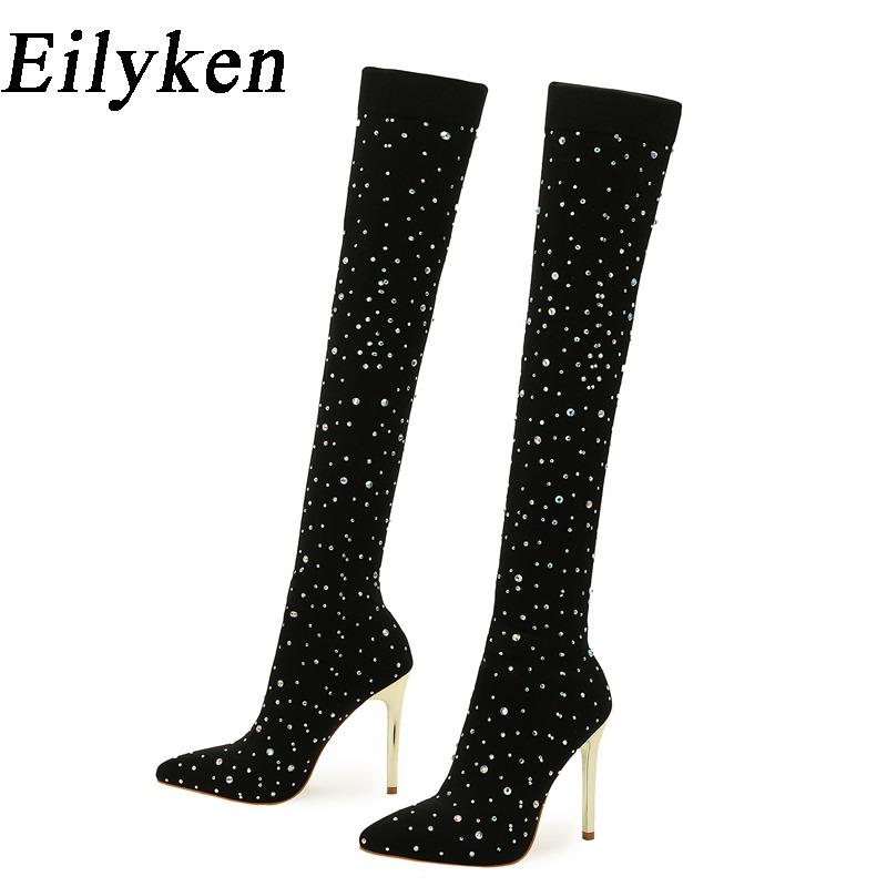 Eilyken Stretch Fabric Pointed Toe Woman Over-the-Knee Long Boots Sexy Thin High Heels Nightclub Shoes Size 35-43