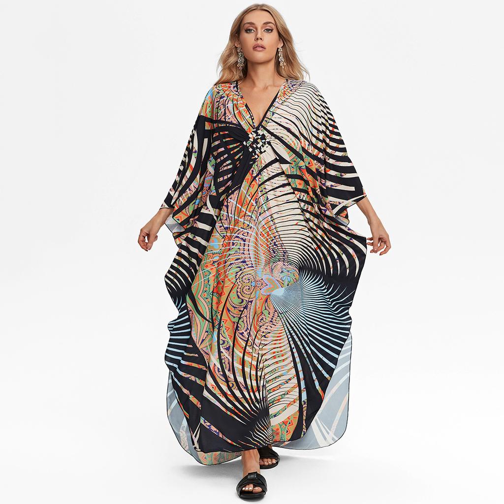 Women's Fashion Summer Spring Feather Print 3/4 Sleeves V-Neck Loose Waistline Casual Dresses