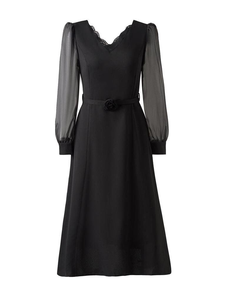 Nanyou Women's Spring V-Neck Lace Patchwork Crystal Waist-Cinched Dress