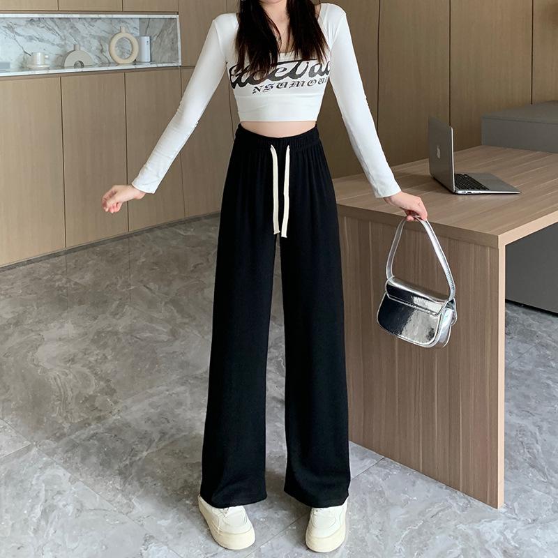 2026 Spring Korean Style Plus Size Slimming Drawstring Waist Casual Long Trousers XXXXL чёрный