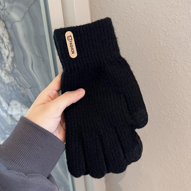 Women's winter touch screen gloves, piled and thickened warm cycling cold-proof wool knitted outdoor men's five-finger gloves
