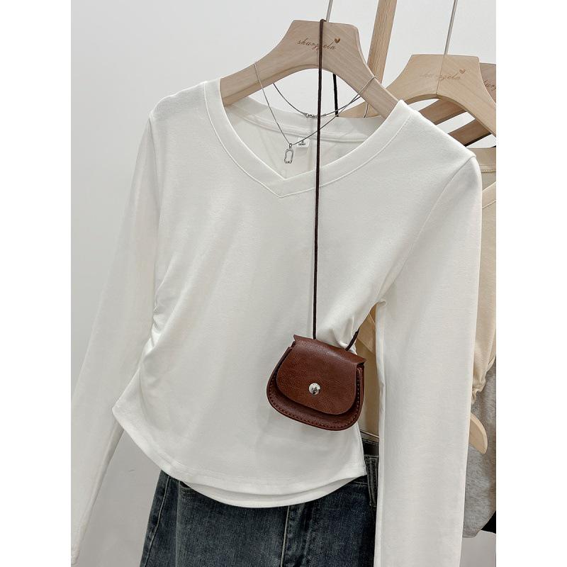 Damen V-Ausschnitt Slim-Fit Langarm-T-Shirt, Neuer Frühling/Herbst Stil mit Raffung an der Taille, Schickes Hot Girl Top, Vielseitiges Basic-Shirt.