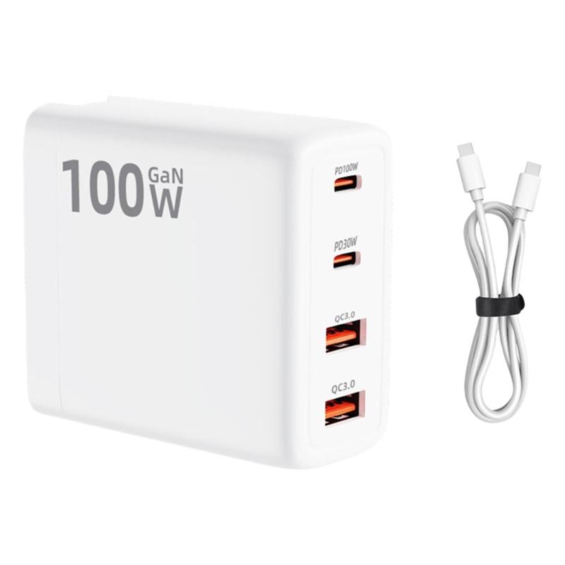 

Многопортовый адаптер питания 100 Вт для быстрой зарядки с 4 выходами USB C для ноутбуков, планшетов и телефонов белый
