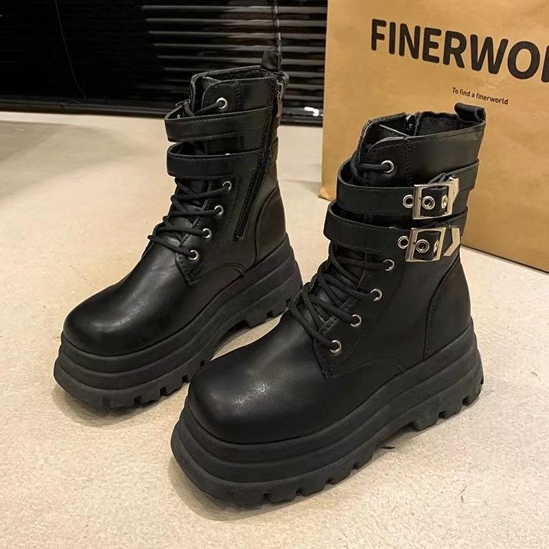 Martin boots women's thick-soled muffin front lace-up autumn and winter new versatile locomotive short boots round head design
