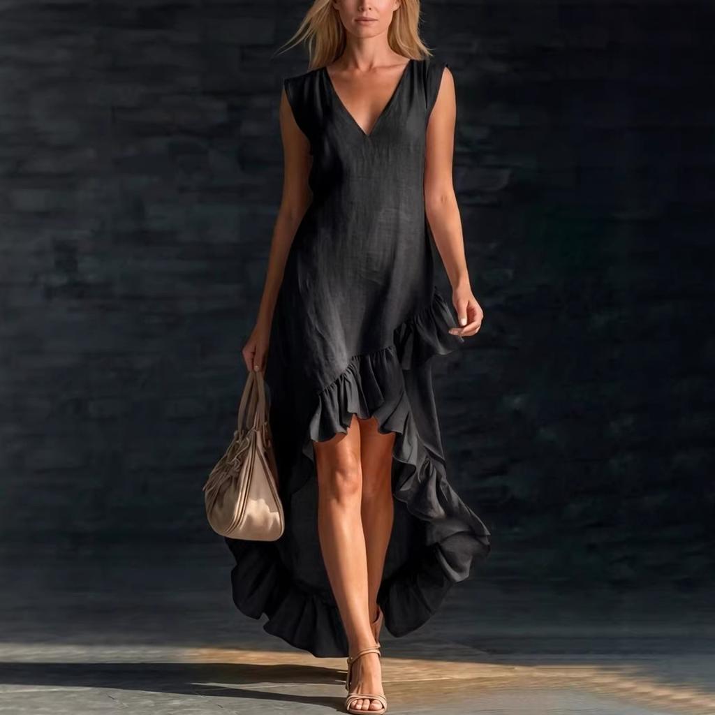 Women's Mid Rise Sleeveless V Neck Ruffle Hem Irregular Linen Blend Maxi Long Dress