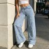 Girl's Bow Cherry Print Baggy Jeans, Wide Leg Mid Waisted Denim Pants, Zipper Fly Elastic Casual Jeans Streetwear with Pockets