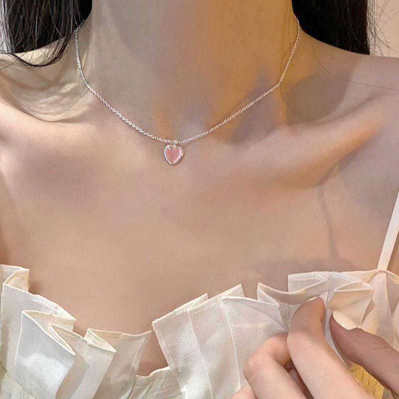 925 Silver Pink Cat Eye Stone Love Necklace For Women Sweet And Cute Heart-Shaped Collarbone Chain Wedding Jewelry