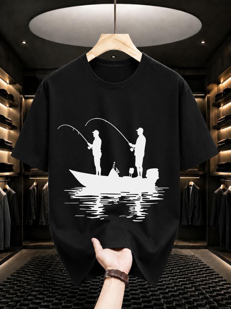 2026 New Cotton Tshirt Duo Fishing On A Boat Silhouette Print Crew Neck Short Sleeve Casual Trendy Wear