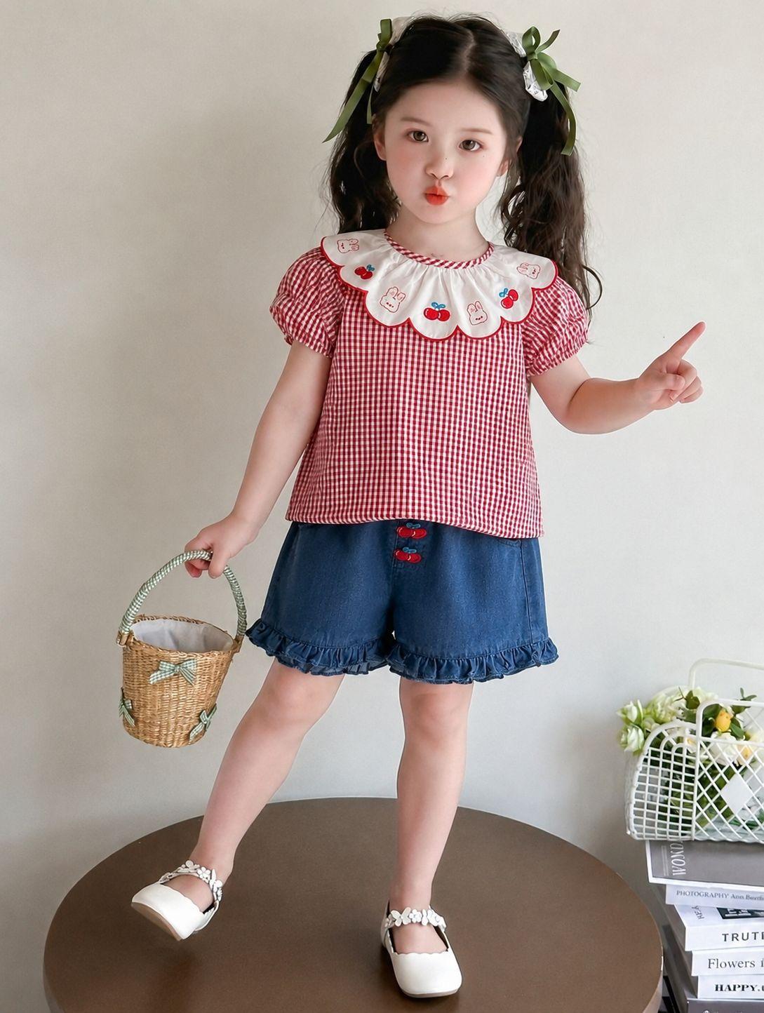 Sweet Embroidered Lace Collar Plaid Shirt And Solid Jeans Two Piece Set Summer Outfit For Girls 90
