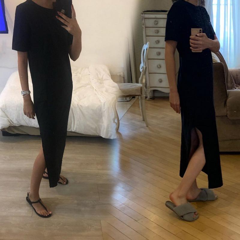 European and American fashion street photography personalized women's round neck high slit long loose T-shirt A-line dress