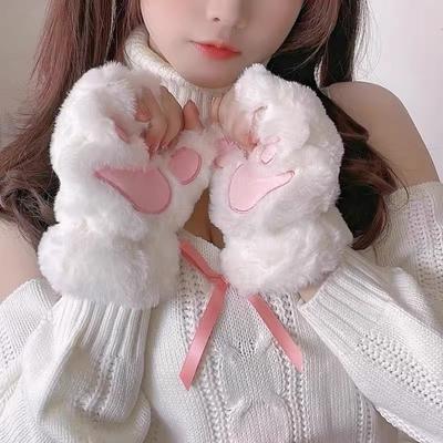 Guantes sin dedos de pata de gato esponjosos y bonitos, manoplas de felpa cálidas para invierno, para mujer, de dibujos animados, con garra, suaves, térmicos, de medio dedo, regalos para niñas