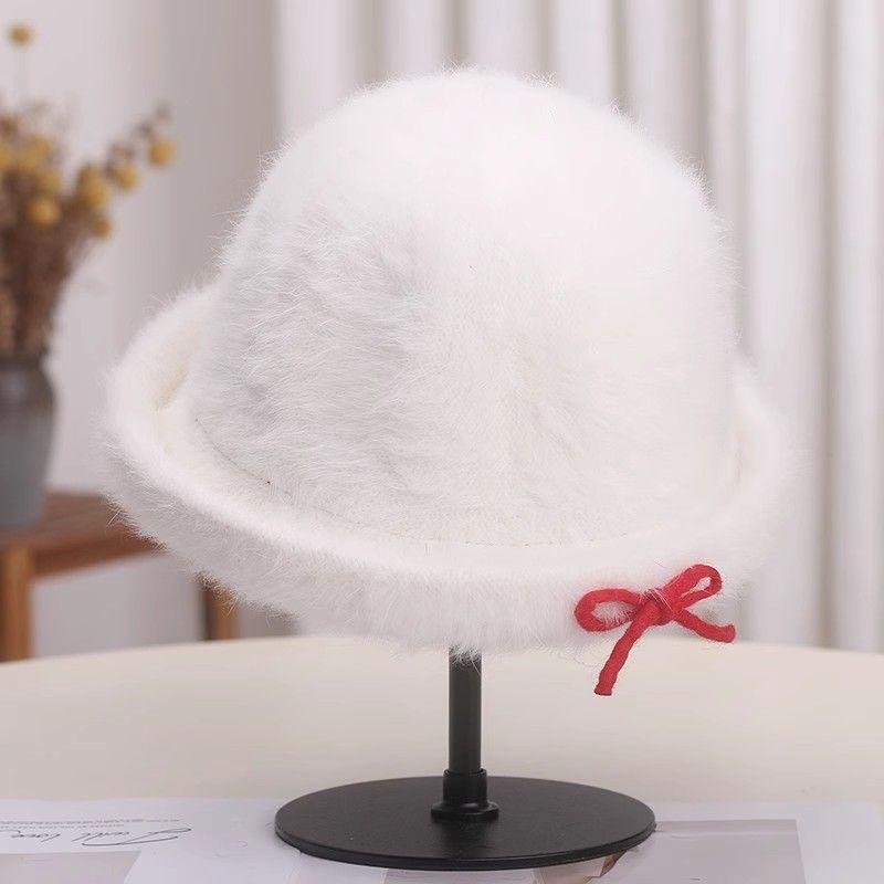 Women’s Hat Fall and Winter Rabbit Fur Heattech Curled Bucket Hat Sweetbowsstuffed Basin Hat Fashion Top Hat