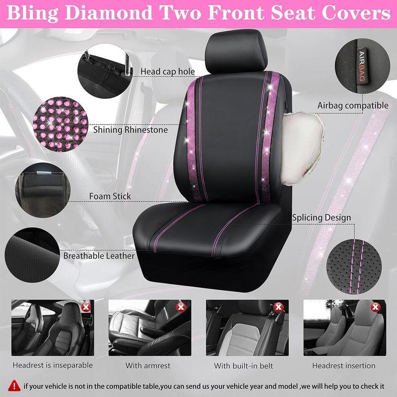 Glittering Rhinestone Waterproof Faux Leather Car Seat Covers, Universal Fit, Zippered Rear, for Women & Girls, Black Pink
