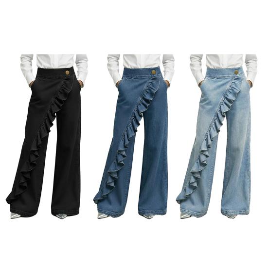 Women Denim Trousers, Wide Leg Elastic Waist Casual Pants, Soft Comfortable Loose Fit Trousers for Daily Wear Street Party
