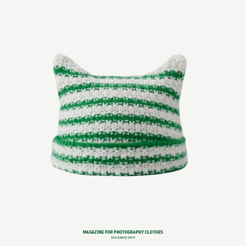 Abbey wind cat ears hat women's autumn and winter yk striped knitted hat cute warm pullover wool hat