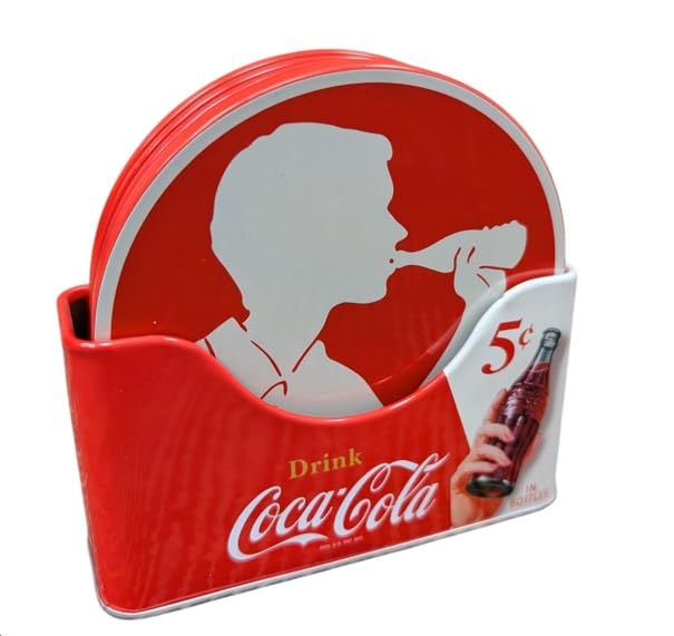 

The Tin Box Company Coke Coaster Set of 6 with Standing Metal Red Holder,