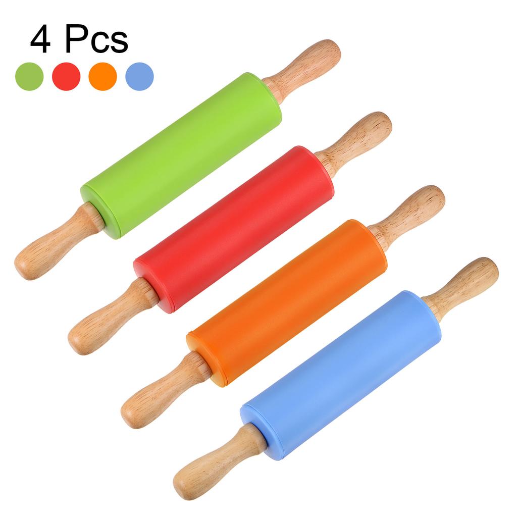 Silicone Rolling Pins for Baking 12 Inch Wooden Handle Non Stick Rolling Pin Small Roller Playdough Rolling Pin Green&Orange&Red