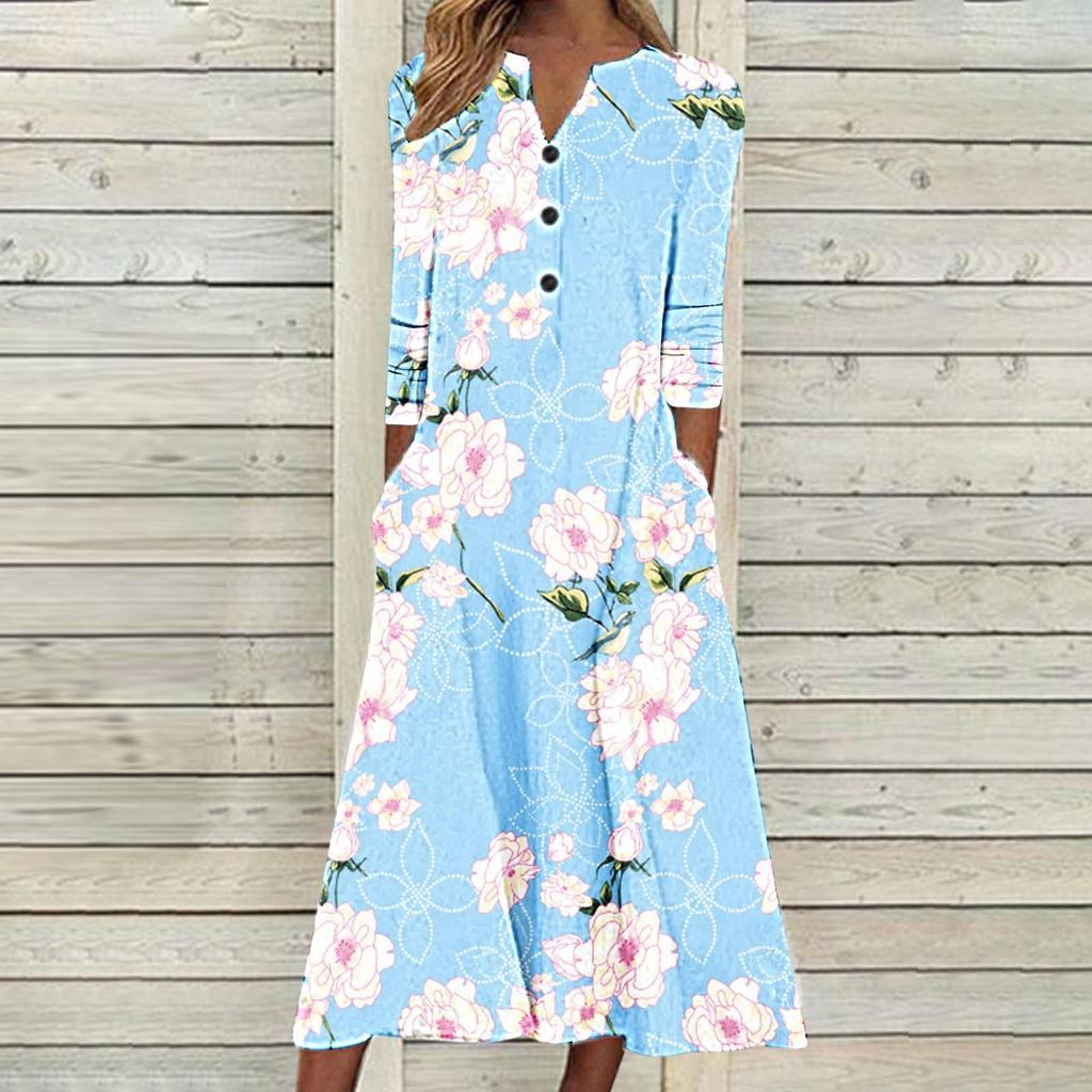 2023 Autumn Women Printed Maxi Dress Long Sleeve Open Chest Skirt Fashion Trendy