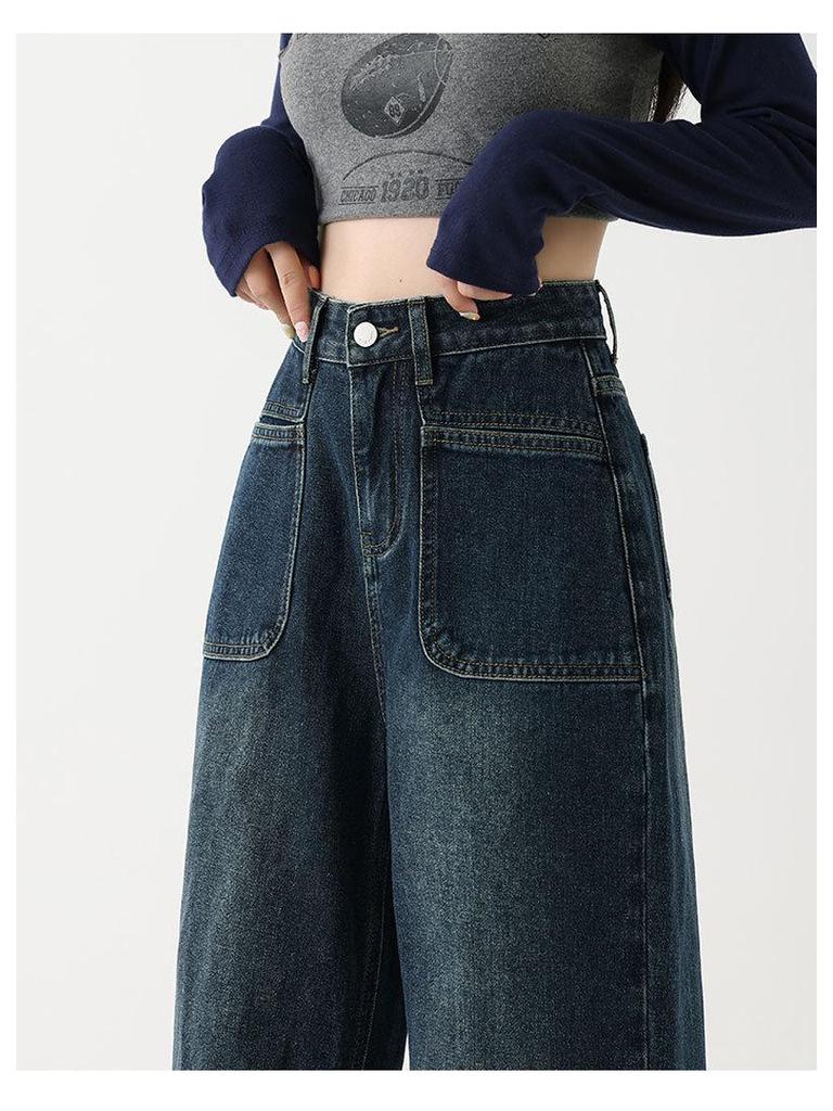 Women's Plus Velvet High Waist Wide Leg Jeans - Floor Length, Warm, Thickened, Straight Leg, with Pockets for Pear Shape.