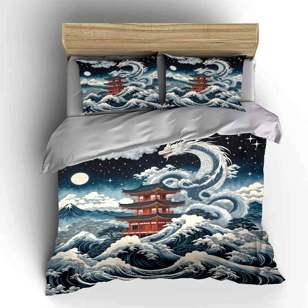Red Pagoda Dragon And Surging Waves Print Bedding Set 1 Duvet Cover 2 Pillowcases For Adult And Children Luxury Gift Full Size