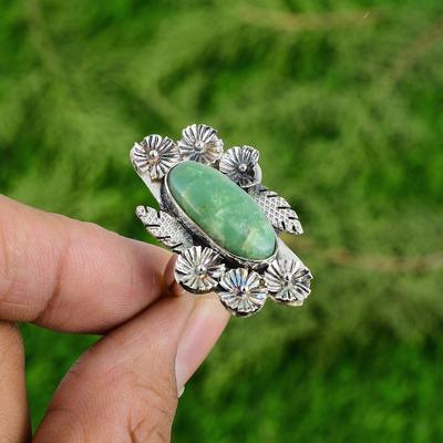 Natural Chrysoprase 925 Silver Stackable Flower Adjustable Ring For Women
