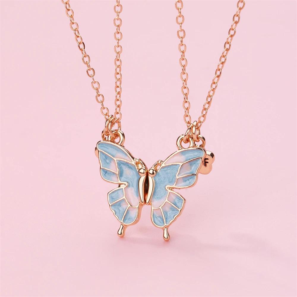 2PCS/Set Beautiful Butterfly Pendant Necklaces Best Friends Couple Magnet Choker Vintage Chain Lover Fashion Party Jewelry Gifts