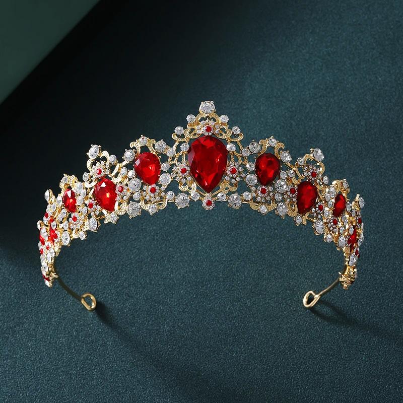 

Baroque Gold Color Red Crystal Tiaras And Crowns Rhinestone Bridal Diadem Crown Tiara For Women Wedding Hair Accessories Jewelry