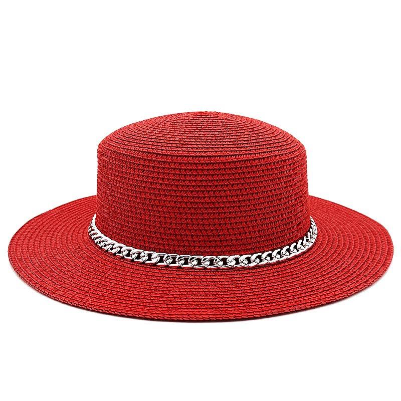 Spring and summer women's travel sunscreen straw hat fashion chain solid color beach British style jazz hat Hats