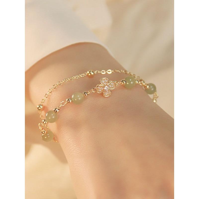 Handmade Natural Hetian Jade Bracelet Women Double Layer Stacking Clover Lucky Charm INS Style Minimalist Jewelry