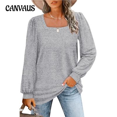 Autumn and Winter Women's Blouse Loose Casual Bubble Sleeves Square Neck Long Sleeve Tops