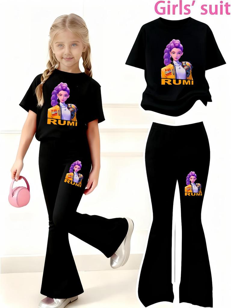 Children's Clothing Girls' Huntress Girl Group Rumi Print 2-Piece Set Girls Casual Sports Short-Sleeve and Bell-Bottom Pants Set