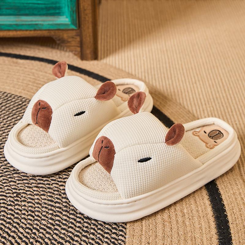 

Модные милые мультяшные животные льняные тапочки женские домашние с открытым носком на платформе льняные шлепанцы женские весенне-осенние легкие нескользящие тапочки Mujer 36-37 бежевый