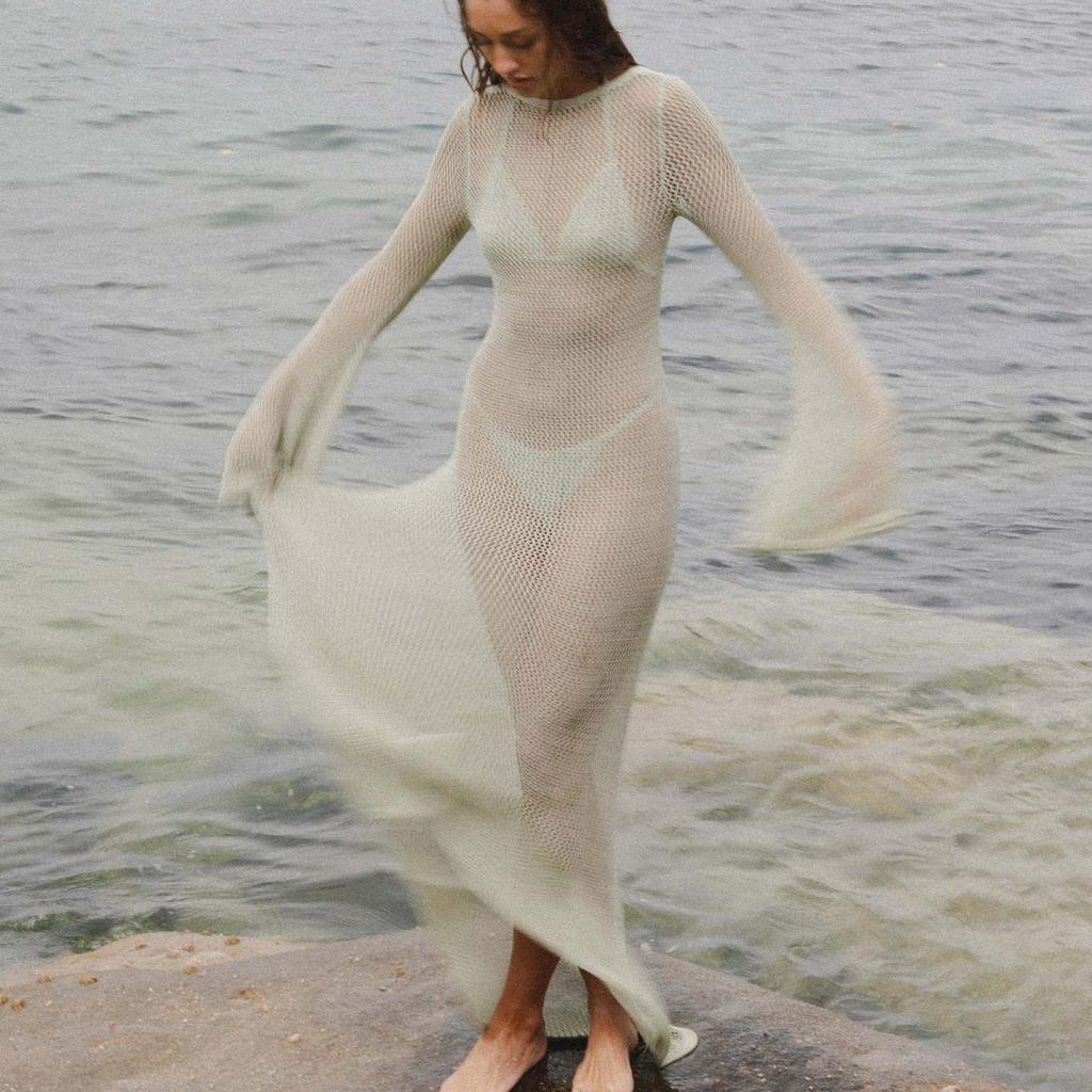 Dámské háčkované úplety s dlouhým rukávem Sexy vystřižené elegantní šaty na letní dovolenou na pláži