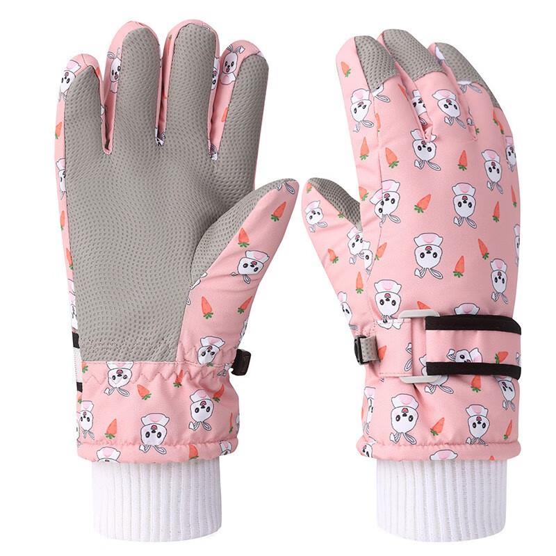 Children s Waterproof Winter Ski Gloves - Pink Rabbit Print