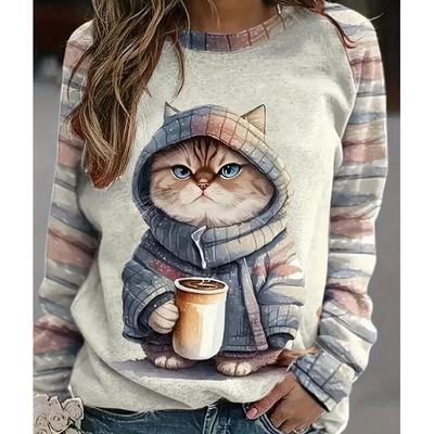 2025 Herbst & Winter Damen Neues Lässiges Rundhals Langarm Oberteil 3D Katzenmuster