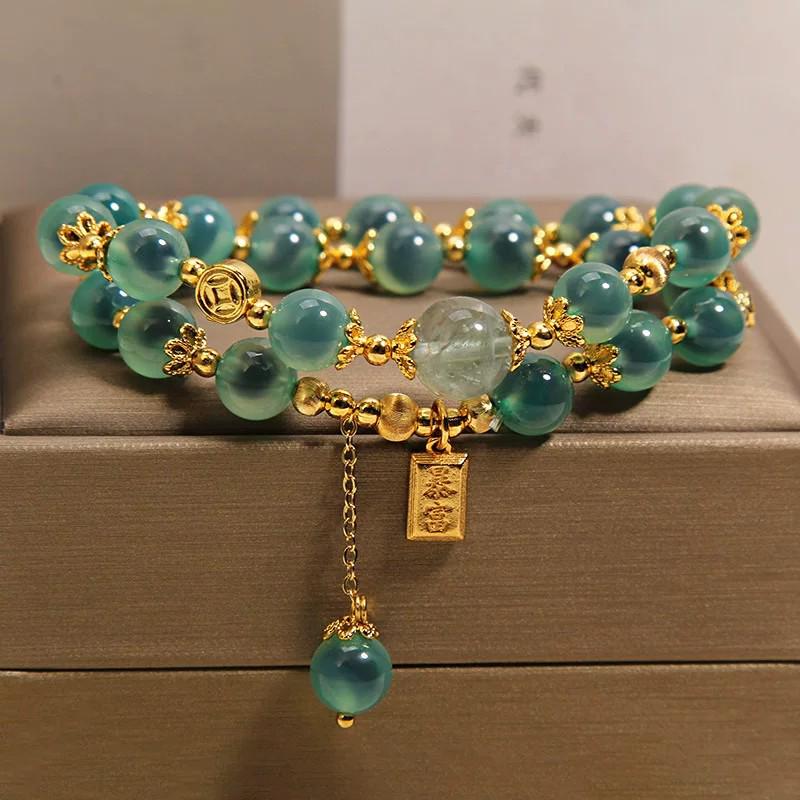 Exquisite Double Layer Heart Agate & Crystal Bracelet for Women – Luxurious Green Charm with High-End Appeal