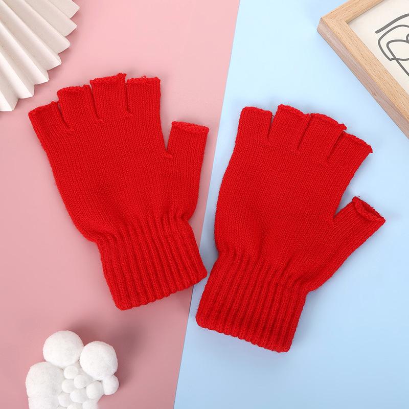 Students Winter Finger Knitted Gloves Outdoor Cycling Games Half Finger Gloves Color Matching Warm Wool Gloves