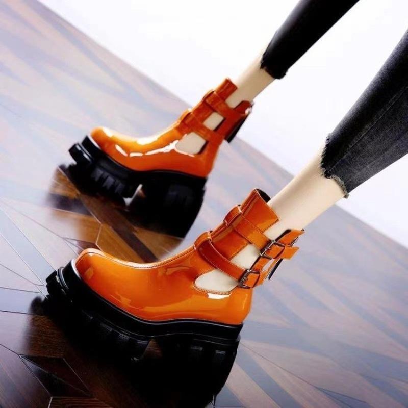 Fashion Platform Platform High-heeled Hollow Fashion Boots 2025 Spring and Summer New Double Belt Buckle British Style