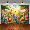 Colorful Wild Zoo Giraffe Elephant Themed Banner Background, Children's Birthday Party Decoration Photography Background Cloth