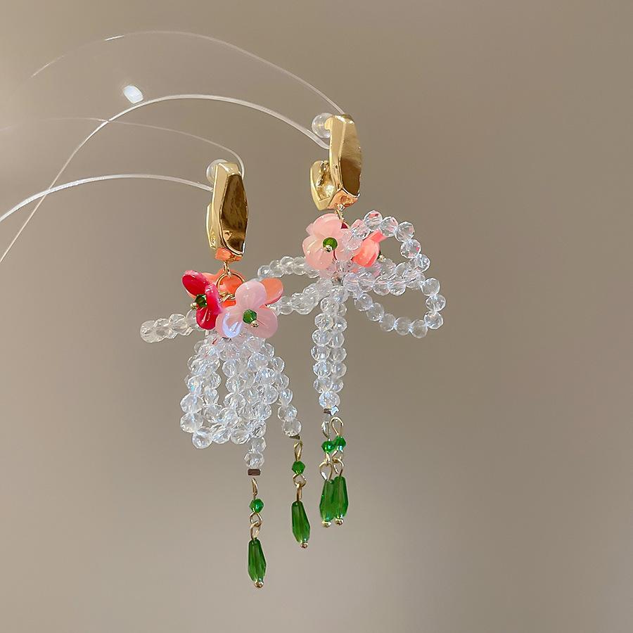 Silver needle chiffon flower fringed stud earrings sweet Mori dopamine earrings niche trend versatile earrings fashion women