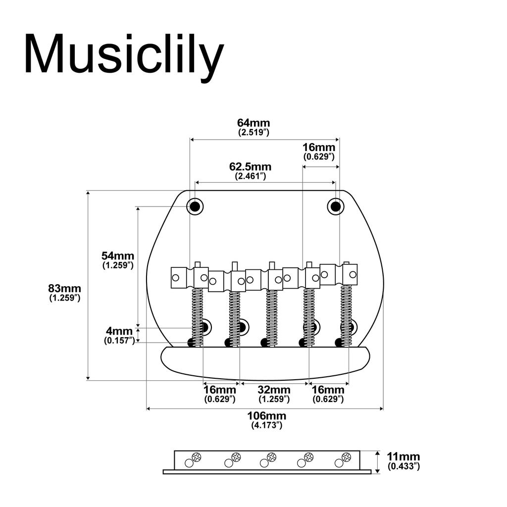 Musiclily Pro 16mm Steel 5-String Bass Bridge for Music Man Basses, Chrome