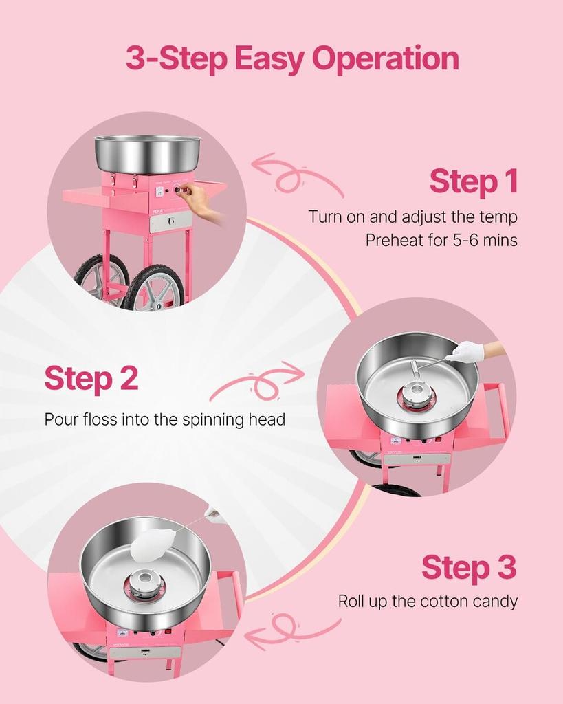 Commercial Cotton Candy Machine with Cart Sugar Floss Maker 1000W Party