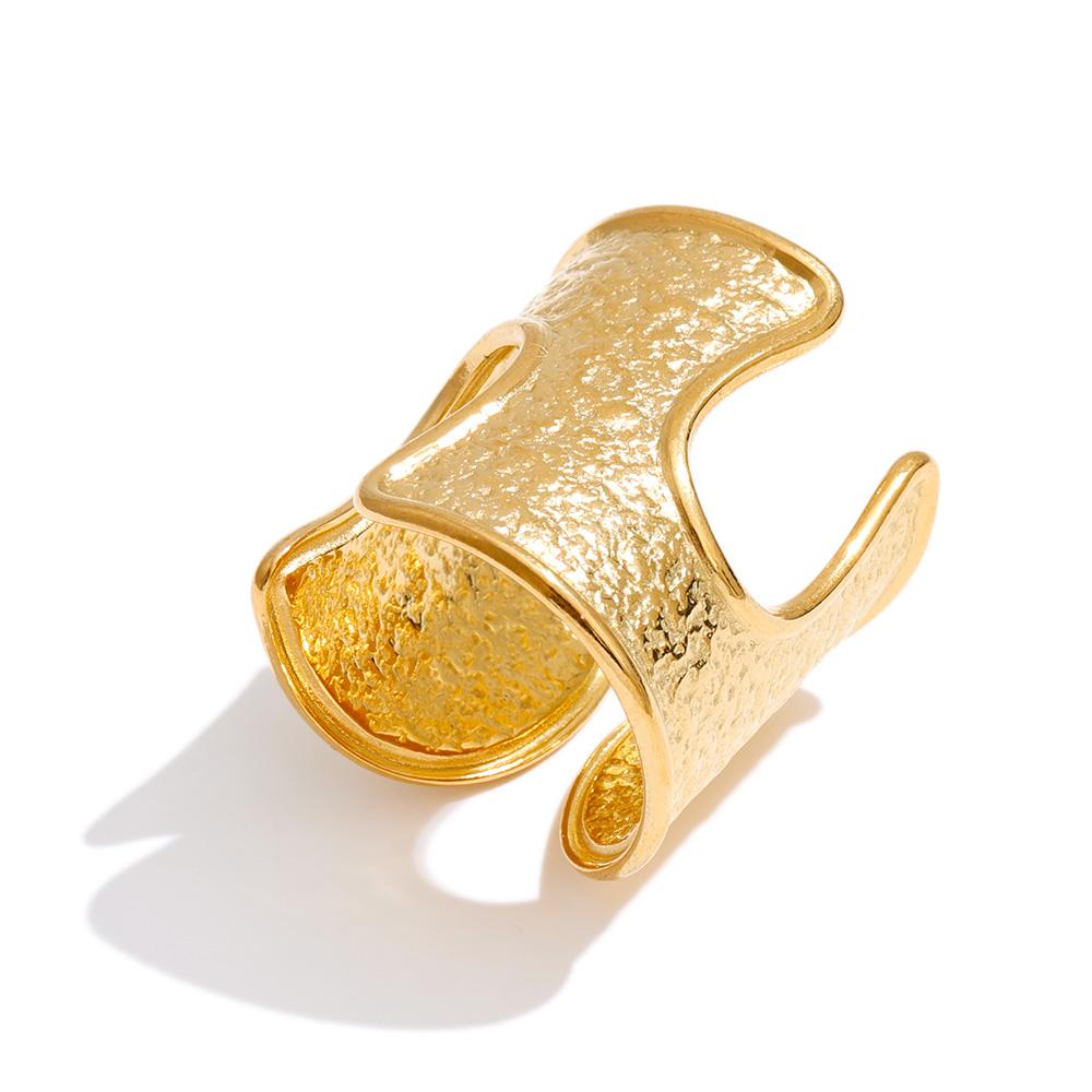 Yhpup Size 7 Old Money Style Stainless Steel Hollow Open Ring 18K Gold Color PVD Plated Texture Hammer Metal Finger Jewelry 7