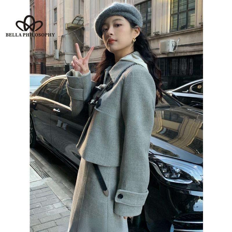 Autumn Winter High-end Casual Grey Dress Two-piece Suit Horn Button Chic Fashion Woolen Cloth Top Skirt Suit