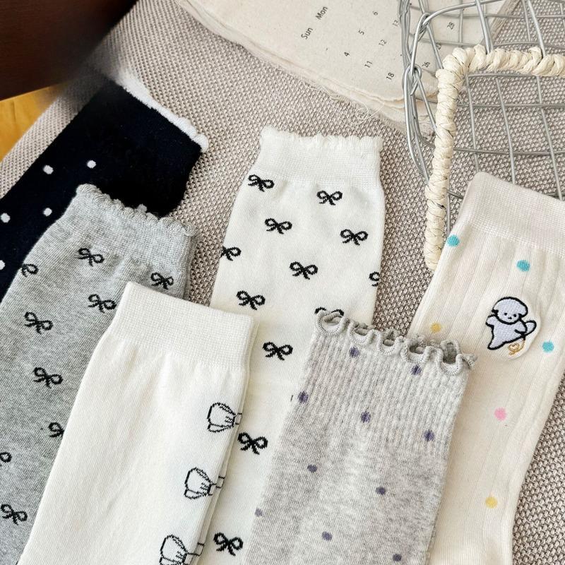Women's Mid-calf Socks, Cartoon and Sweet Embroidered Puppy, Bow, Polka Dot, School-style Cotton Socks, Trendy Women