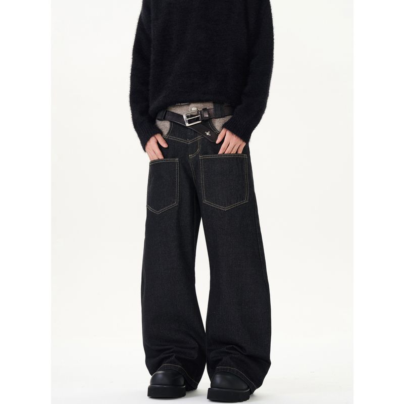 Kisko American Retro Patchwork Reverse-Wear Design Scimitar Jeans Unisex Loose Straight Washed Vibe Pants