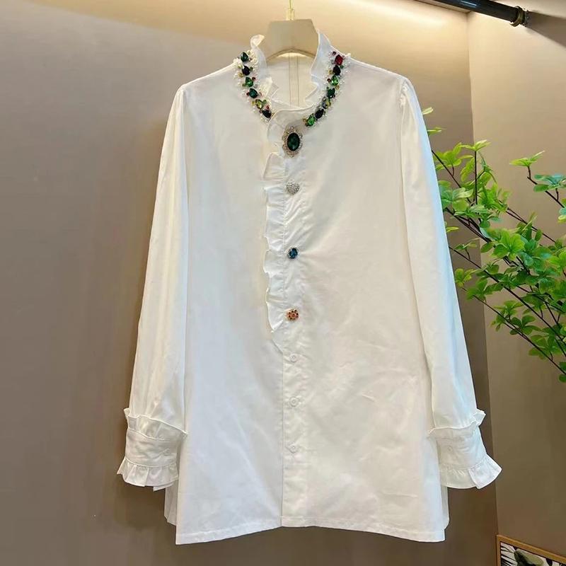 Plus Size Women's Long Sleeve Stand Collar Hotfix Shirt - Mature Style, Solid Color, Versatile Top