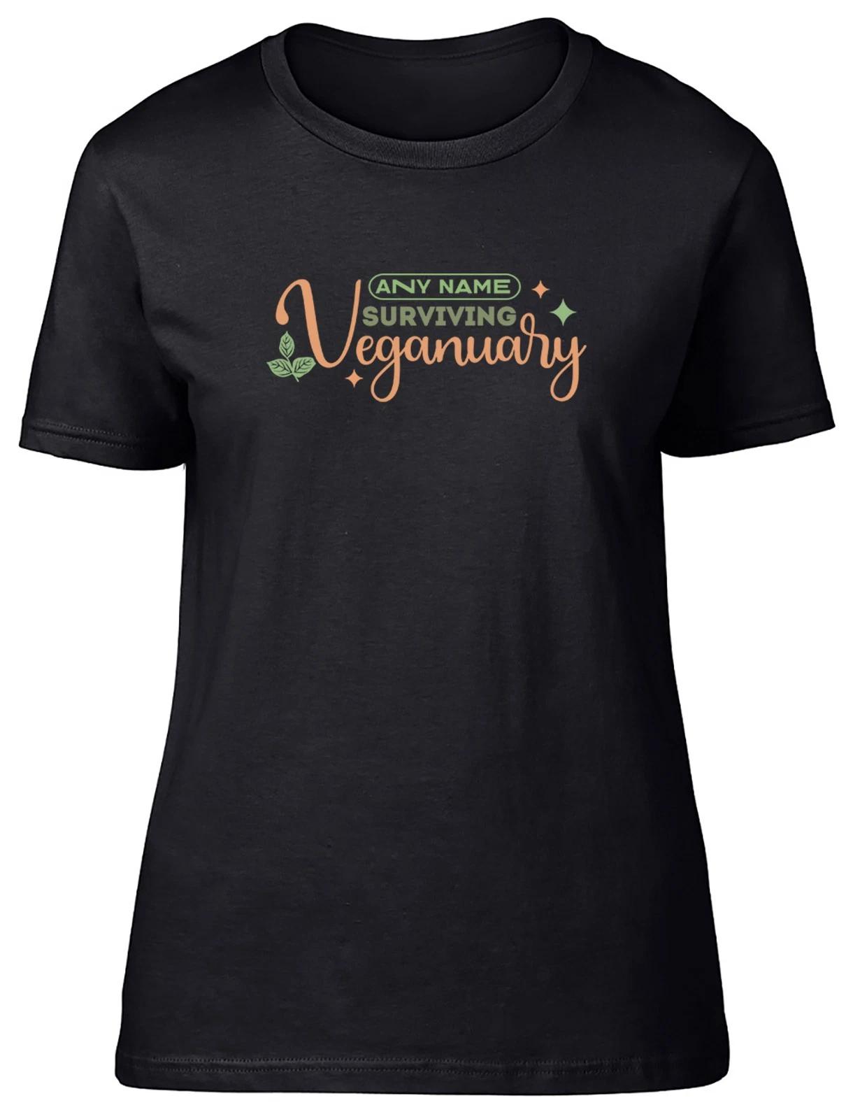 Personalised Surviving Veganuary Funny Vegan Womens T-Shirt Ladies Gift Tee M